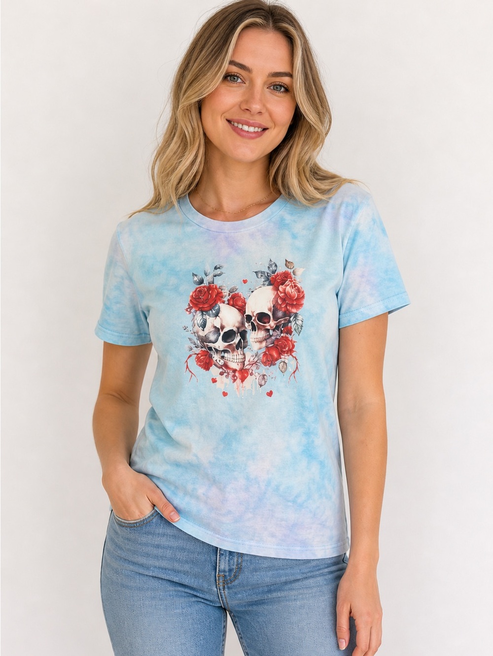 Gildan Ice Dyed Floral Skull Tshirt Medium